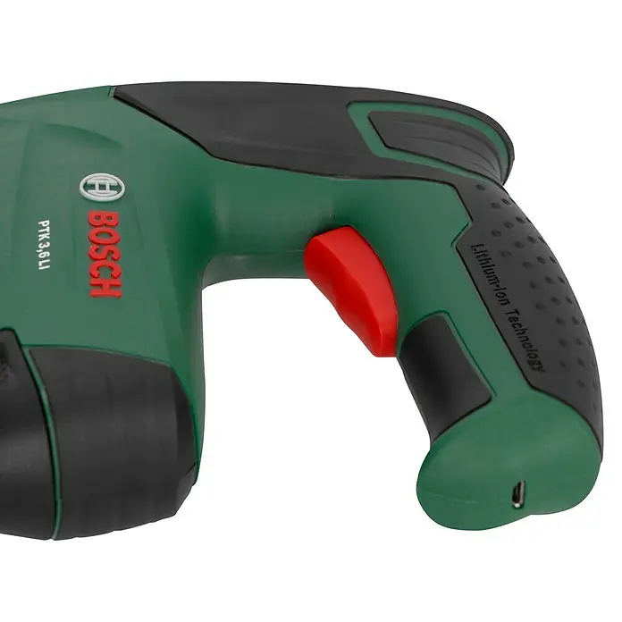 Bosch Akku-Tacker PTK 3,6 LI - 3,6 V, 1 Akku, 1,5 Ah, Klammertiefe: 4 mm - 10 mm - Nahaufnahme eines Bosch PTK 3,6 LI Akku-Tackers in Grün und Schwarz mit rotem Auslöser.