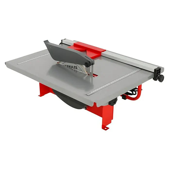 Herkules Elektro-Fliesenschneider H-FS 900 - 900 W, Schnitttiefe bei 90 °: 41 mm - Nahaufnahme einer grauen und roten Herkules Tischkreissäge. Ideal für präzise Schnitte.