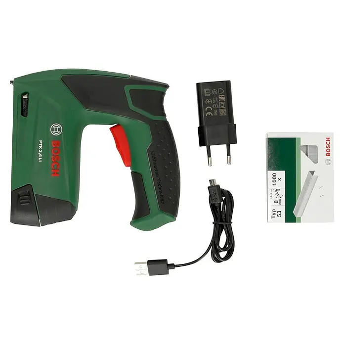 Bosch Akku-Tacker PTK 3,6 LI - 3,6 V, 1 Akku, 1,5 Ah, Klammertiefe: 4 mm - 10 mm - Abbildung eines Bosch PTK 3,6 LI Akku-Tackers mit Zubehör wie Ladegerät, USB-Kabel und einer Packung Heftklammern.