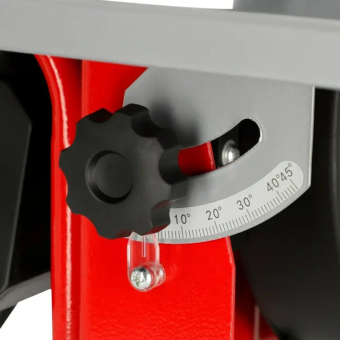 Herkules Elektro-Fliesenschneider H-FS 900 - 900 W, Schnitttiefe bei 90 °: 41 mm - Detailaufnahme der Winkeleinstellung einer Säge mit einer Skala von 10° bis 45° und einem schwarzen Einstellknopf.
