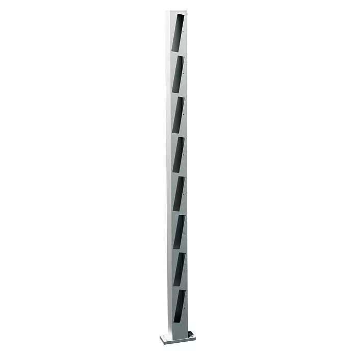 Recal Zaunpfosten Mossle - Höhe: 136,5 cm, Endpfosten rechts, Natur eloxiert, Aluminium - Hoher, silbergrauer Säulen-Zeitschriftenständer aus Metall mit acht schrägen Fächern.