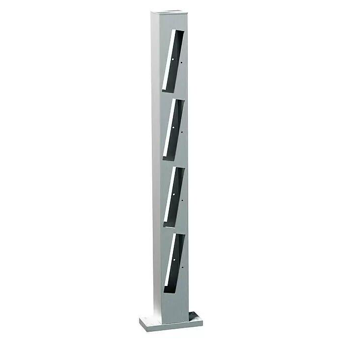 Recal Zaunpfosten Mossle - Höhe: 74,5 cm, Durchmesser: 70 mm, Natur eloxiert, Aluminium - Silberfarbenes Standdisplay mit vier schrägen Fächern für Broschüren oder Flyer aus gebürstetem Metall.