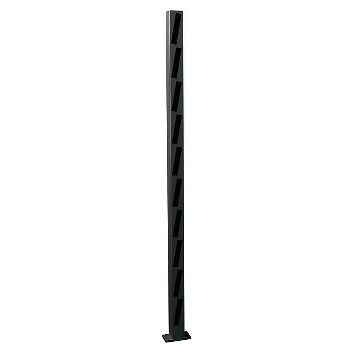 Recal Zaunpfosten Mossle - Höhe: 168 cm, Endpfosten rechts, Mattschwarz (RAL 9005), Aluminium - Hohe dunkelgraue Säule mit diagonalen Schlitzen, wahrscheinlich zur Flaschenlagerung.