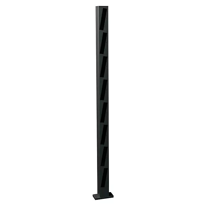 Recal Zaunpfosten Mossle - Höhe: 136,5 cm, Endpfosten rechts, Mattschwarz (RAL 9005), Aluminium - Hoher, schwarzer, rechteckiger Außenleuchtpoller mit schrägen Öffnungen und quadratischem Sockel.
