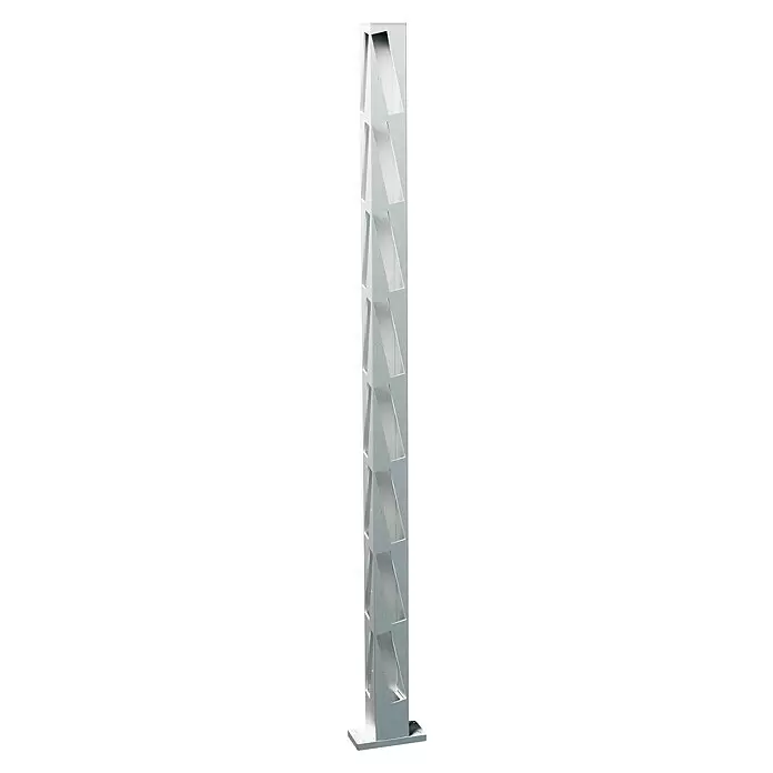 Recal Zaunpfosten Mossle - Höhe: 136,5 cm, Eckpfosten, Natur eloxiert, Aluminium - Vertikaler, hellgrauer Metallständer mit mehreren schrägen Fächern für Broschüren oder Zeitschriften.