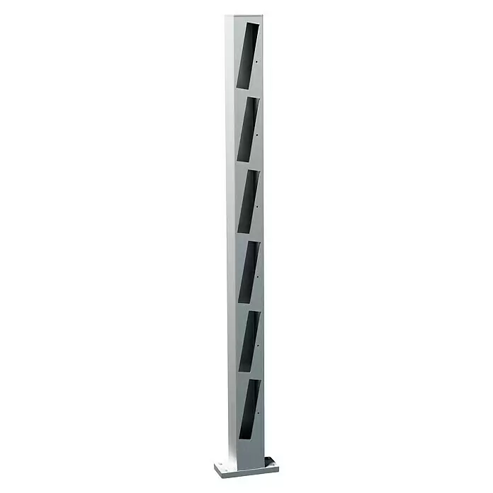 Recal Zaunpfosten Mossle - Höhe: 105,5 cm, Endpfosten rechts, Natur eloxiert, Aluminium - Hoher, silberner Prospektständer aus Metall mit sechs schrägen Ablagefächern.