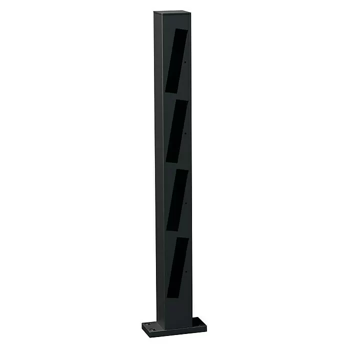 Recal Zaunpfosten Mossle - Höhe: 74,5 cm, Endpfosten rechts, Mattschwarz (RAL 9005), Aluminium - Hohe, dunkelgraue Metallsäule mit vier schrägen, rechteckigen Öffnungen, auf einem Sockel montiert.