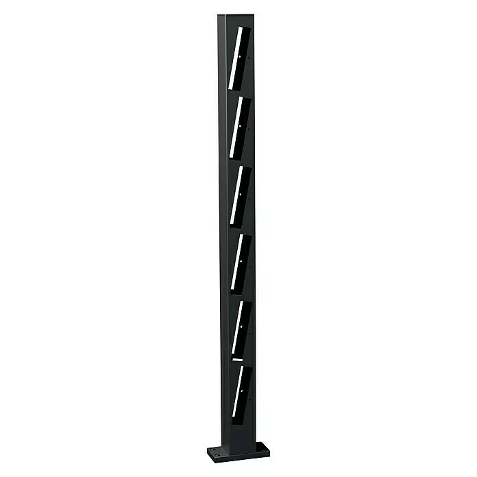 Recal Zaunpfosten Mossle - Höhe: 105,5 cm, Durchmesser: 70 mm, Mattschwarz (RAL 9005), Aluminium - Hohe dunkelgraue Metallsäule mit sechs schrägen Fächern und flachem Sockel.