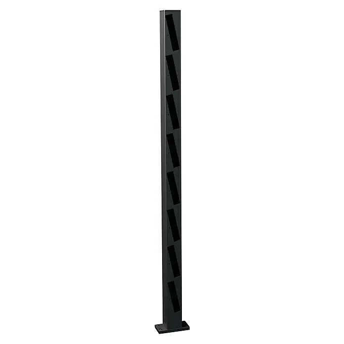 Recal Zaunpfosten Mossle - Höhe: 136,5 cm, Endpfosten links, Mattschwarz (RAL 9005), Aluminium - Hohes dunkelgraues Prospektregal mit mehreren diagonalen Schlitzen und Montagefuß.