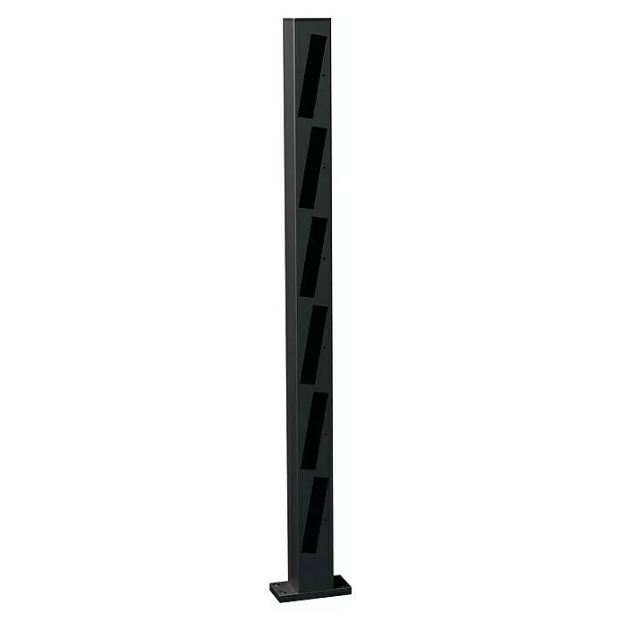 Recal Zaunpfosten Mossle - Höhe: 105,5 cm, Endpfosten rechts, Mattschwarz (RAL 9005), Aluminium - Schwarzer Prospektständer, eine hohe rechteckige Säule mit mehreren diagonalen Schlitzen.