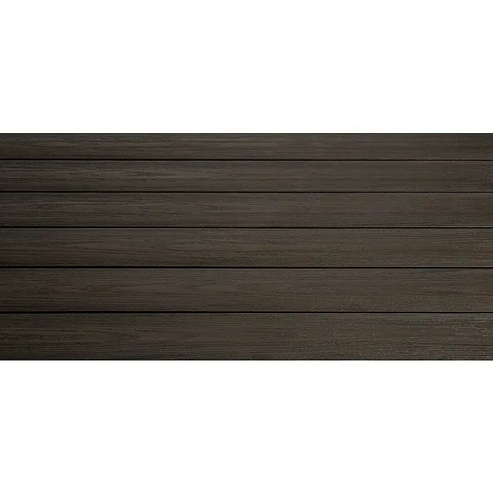 WPC-Terrassendiele Rheindeck Premium - 300 x 14 x 2,5 cm, Karlsruher Ebenholz - Dunkelbraunes Terrassendielen-Muster, das eine rustikale und natürliche Optik für Außenbereiche bietet. Das Holz strahlt Wärme und Eleganz aus.