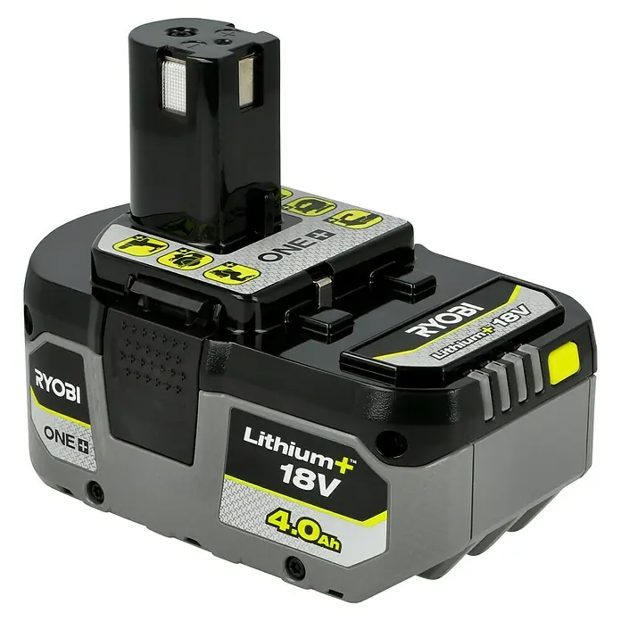 Ryobi ONE+ Batería y cargador RC18120-140X - 18 V, 4 Ah, 1 batería - Primer plano de la batería de litio Ryobi ONE+ de 18 V y 4,0 Ah, ideal para herramientas eléctricas Ryobi.