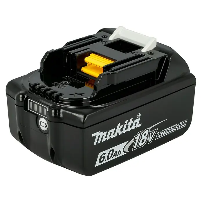 Makita LXT 18V Akku & Ladegerät Power Source Kit - 18 V, 2 Akkus, 6 Ah - Abbildung eines Makita 6.0Ah 18V Lithium-Ionen-Akkus. Der Akku ist schwarz mit weißer Beschriftung und gelben Kontakten.