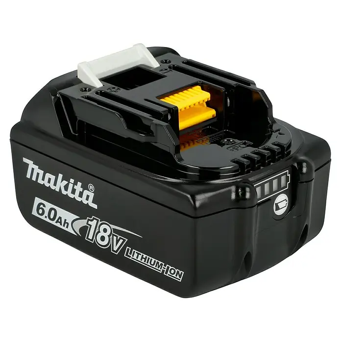 Makita LXT 18V Akku & Ladegerät Power Source Kit - 18 V, 2 Akkus, 6 Ah - Nahaufnahme eines Makita 18V 6.0Ah Lithium-Ionen-Akkus, der für seine Werkzeuge eine zuverlässige und langlebige Stromquelle bietet.