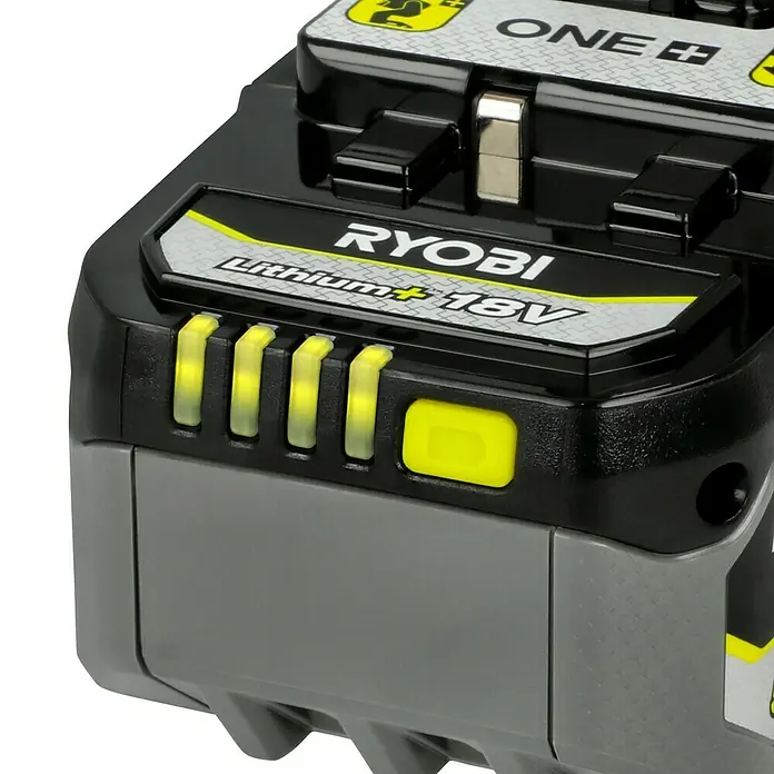 Ryobi ONE+ Akku & Ladegerät Starter-Kit RC18120-140X - 18 V, 4 Ah, 1 Akku - Nahaufnahme eines Ryobi Lithium+ 18V Akkus mit gelben LED-Anzeigen.