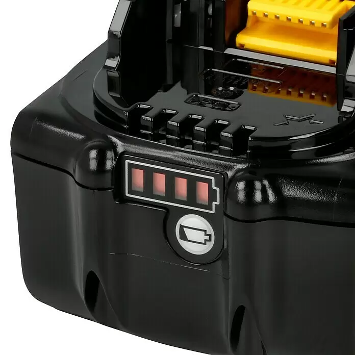 Makita LXT 18V Akku & Ladegerät Power Source Kit - 2 Akkus, 18 V, Li-Ionen, 3 Ah - Schwarzer Akku mit dreibalkiger Ladeanzeige, teilweiser Ladung und gelbem elektrischem Anschluss.