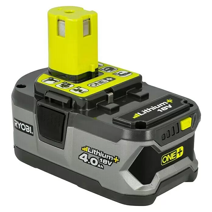Ryobi ONE+ Batería y cargador RC18120-140 - 18 V, 4 Ah, 1 batería - Batería Ryobi ONE+ 18V 4,0Ah Lithium+, gris y negra con detalles amarillos, con indicador de nivel de carga.