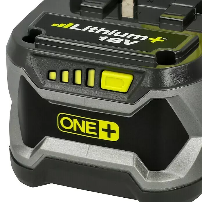 Ryobi ONE+ Batería y cargador RC18120-140 - 18 V, 4 Ah, 1 batería - Batería Ryobi ONE+ Lithium+ 18V, gris oscuro/negra con detalles amarillos e indicador de carga.