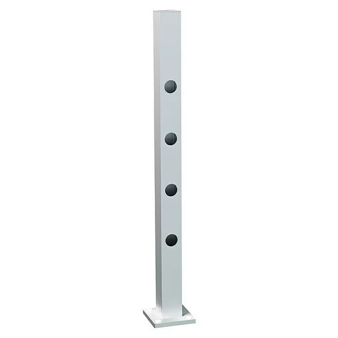 Recal Zaunpfosten Hindsen - Höhe: 99,5 cm, Endpfosten, Natur eloxiert, Aluminium - Hellgrauer rechteckiger Pfosten mit vier ovalen dunklen Öffnungen und einem Sockel.