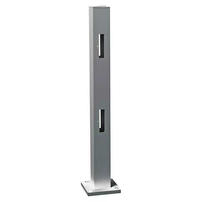 Recal Zaunpfosten Sommen - Höhe: 74,5 cm, Durchmesser: 70 mm, Natur eloxiert, Aluminium - Hohe, gebürstete Metallsäule in Grau mit zwei rechteckigen Öffnungen und stabilem Sockel.