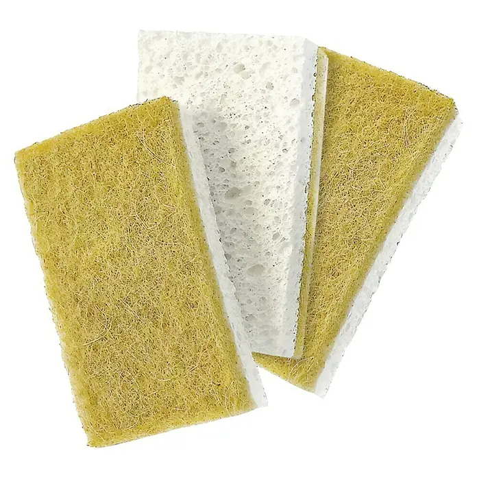Peggy Perfect goGreen Reinigungsschwamm Nachhaltiger Spülschwamm - 3 Stk., 16,5 x 6,5 x 6 cm - Drei rechteckige Spülschwämme mit einer gelben Scheuerseite und einem weißen Schwammstoff auf einem schwarzen Hintergrund.