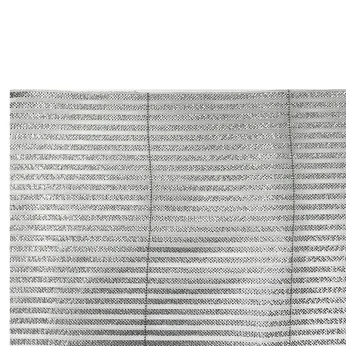 Gardendreams Sonnensegel700 x 200 cm, Weiß/Silber, Passend für: Gardendreams Terrassenüberdachungen Special Edition Verbundsicherheitsglas (VSG) - Detailansicht eines Tischsets mit horizontalem Streifenmuster.