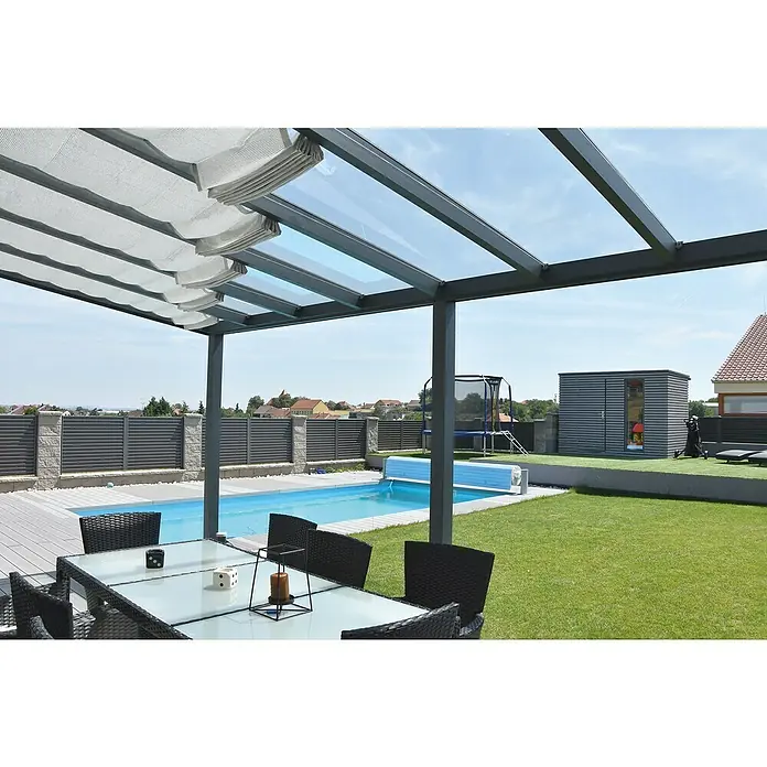 Gardendreams Sonnensegel700 x 200 cm, Weiß/Silber, Passend für: Gardendreams Terrassenüberdachungen Special Edition Verbundsicherheitsglas (VSG) - Terrasse mit Pool und Terrassenüberdachung mit Stoffdach für angenehmen Schatten.