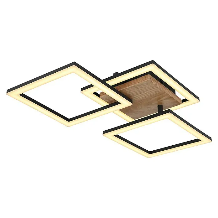 Globo LED-Deckenleuchte KERRY - 30 W, L x B x H: 66 x 31 x 7,5 cm, Schwarz-matt, Warmweiß - Moderne LED-Deckenleuchte mit quadratischen Elementen und Holzdetails für eine stilvolle Beleuchtung im Raum.