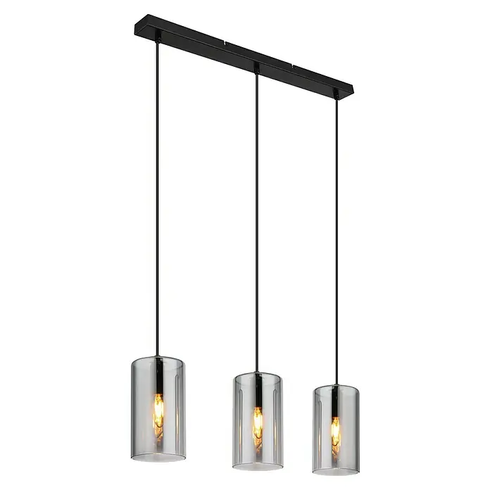 Globo Lámpara colgante Olly - Número de bombillas: 3 ud., 25 W, L x An x Al: 63 x 11 x 120 cm, E14 - Elegante lámpara colgante con tres pantallas de vidrio ahumado y suspensiones negras. La luz proporciona luz ambiental.