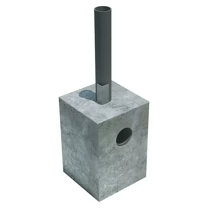 Gardendreams Betonfuß - Mit Ablauf, Passend für: Aluminiumpfosten 11 × 11 cm - Betonfundament mit eingegrabenem grauen Rohr und einer Metallstütze, mit einer runden Öffnung.