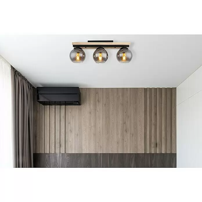 Globo Pendelleuchte CONNI - 25 W, Schwarz-matt, E27, L x B x H: 85 x 15 x 20,5 cm - Deckenleuchte mit drei Rauchglas-Kugelschirmen und Holzbalken.