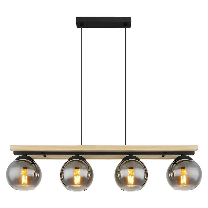 Globo Pendelleuchte CONNI - Anzahl Leuchtmittel: 4 Stk., 25 W, L x B x H: 85 x 15 x 120 cm, E27 - Elegante Pendelleuchte mit vier grauen Glaskugeln und einem Holzrahmen für stilvolle Beleuchtung.