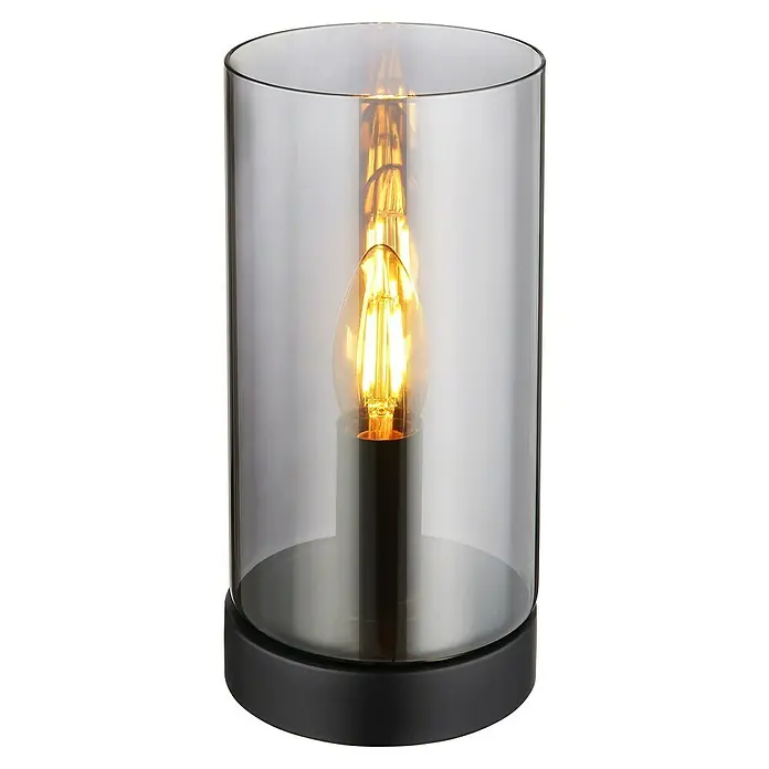 Globo Lámpara de sobremesa redonda Olly - 25 W, Ø x Al: 11 x 22,5 cm, Negro, E14 - Primer plano de una elegante lámpara de mesa con pantalla de vidrio transparente y bombilla decorativa, emitiendo un brillo cálido.