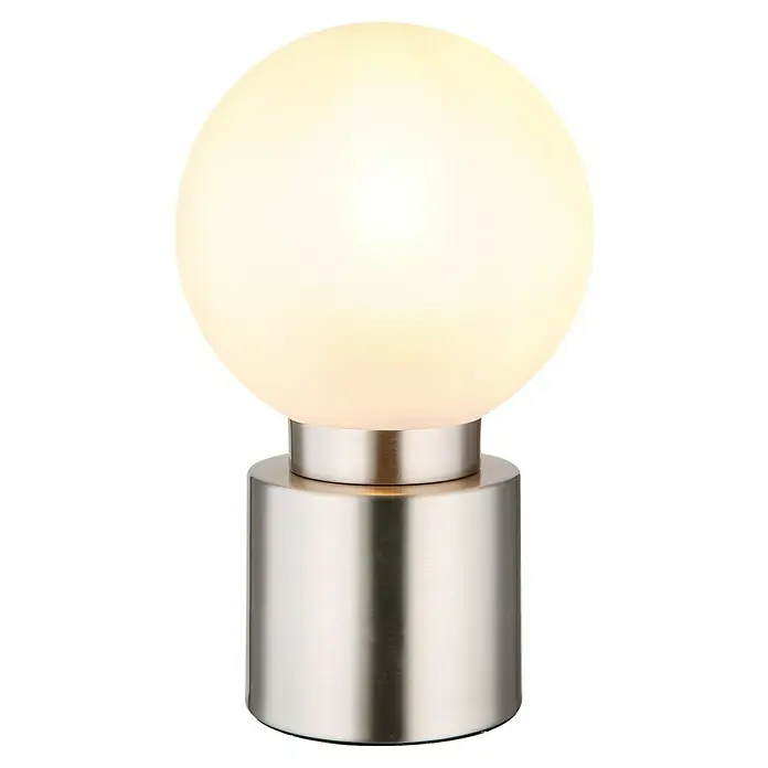 Globo Tischleuchte rund MARKA - 25 W, Ø x H: 15 x 24,5 cm, Nickel-matt, E14 - Tischleuchte mit einer runden, opalweißen Glaskugel und einem gebürsteten Metallsockel.