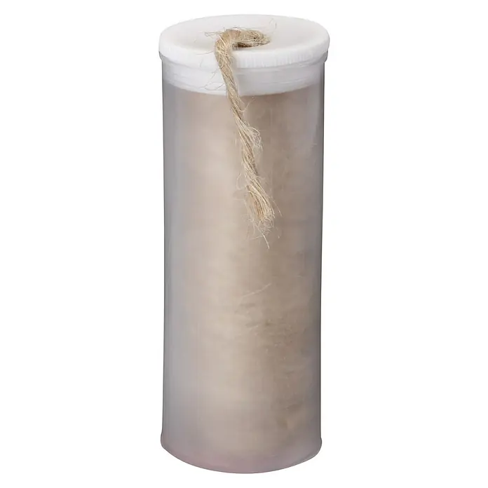Rothenberger Industrial Hanfspender - 40 g, Geeignet für: Metallrohr, 40 m - Eine zylindrische Box mit einem weißen Deckel, durchsichtigem Gehäuse und einem Juteband, das dekorativ herausragt, ideal zur Aufbewahrung.