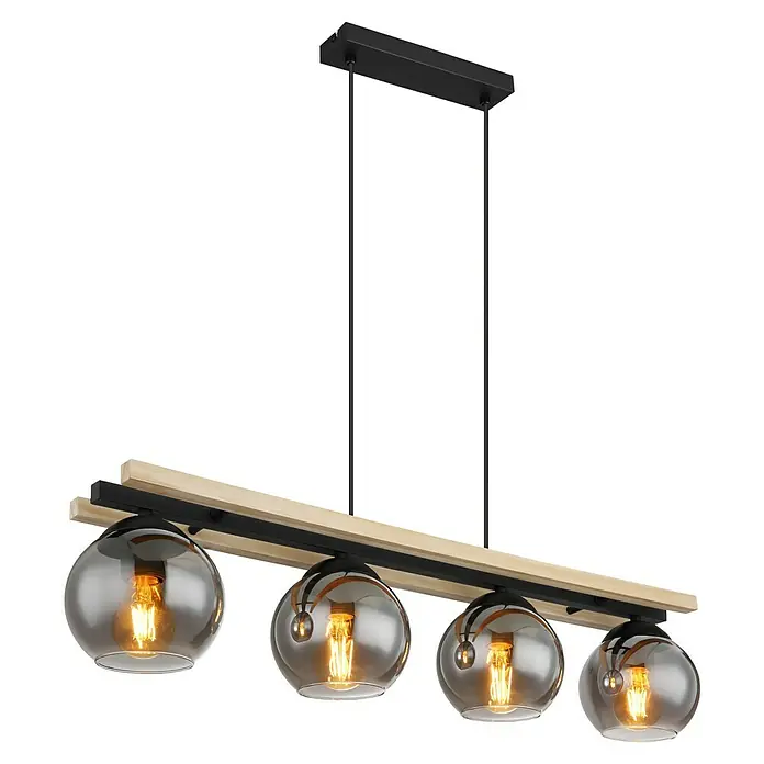Globo Pendelleuchte CONNI - Anzahl Leuchtmittel: 4 Stk., 25 W, L x B x H: 85 x 15 x 120 cm, E27 - Elegante Pendelleuchte mit vier rauchfarbenen Glaskugeln und Holzdetails, die eine moderne und stilvolle Beleuchtungslösung bietet.