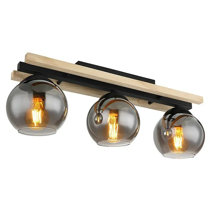 Globo Pendelleuchte CONNI - 25 W, Schwarz-matt, E27, L x B x H: 85 x 15 x 20,5 cm - Moderne Deckenleuchte mit Holzbalken und drei rauchfarbenen Glaskugeln. Die Lampe sorgt für warmes Licht und ein stilvolles Ambiente.