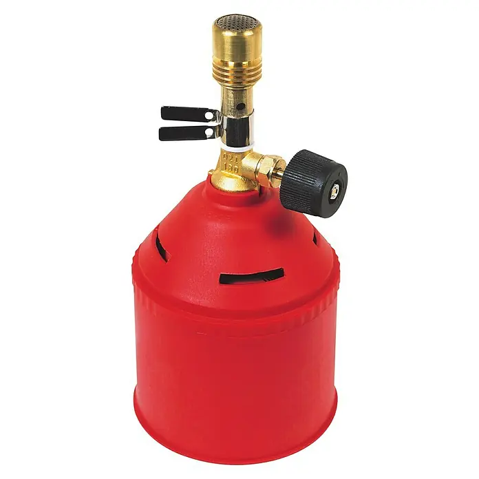 Rothenberger Industrial Bunsenbrenner - Arbeitstemperatur: 900 °C - Ein roter Campingkocher mit einem goldenen Brennerkopf und einem schwarzen Bedienknopf, ideal für Outdoor-Abenteuer und Campingausflüge.