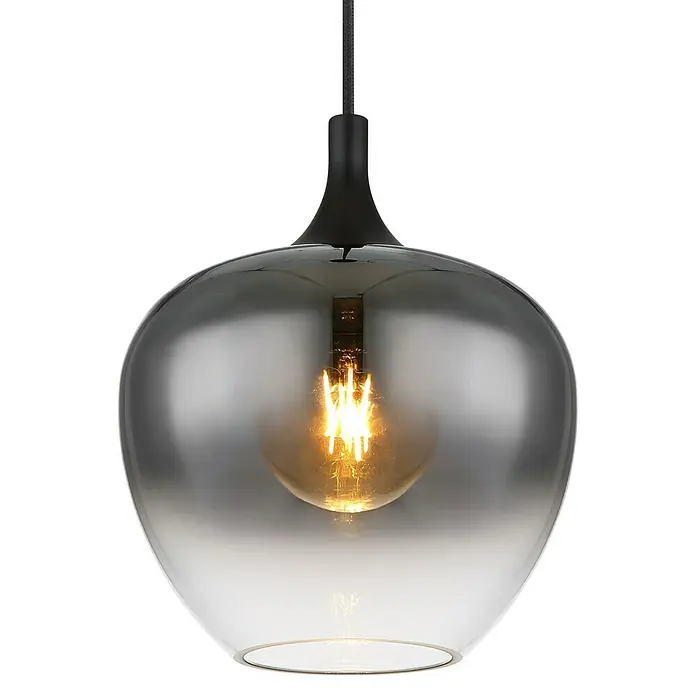 Globo Pendelleuchte MAXY - Anzahl Leuchtmittel: 1 Stk., 40 W, Ø x H: 24 x 120 cm, E27 - Nahaufnahme einer eleganten Pendelleuchte mit einem getönten Glas und einer sichtbaren Glühbirne, die ein warmes Licht ausstrahlt.