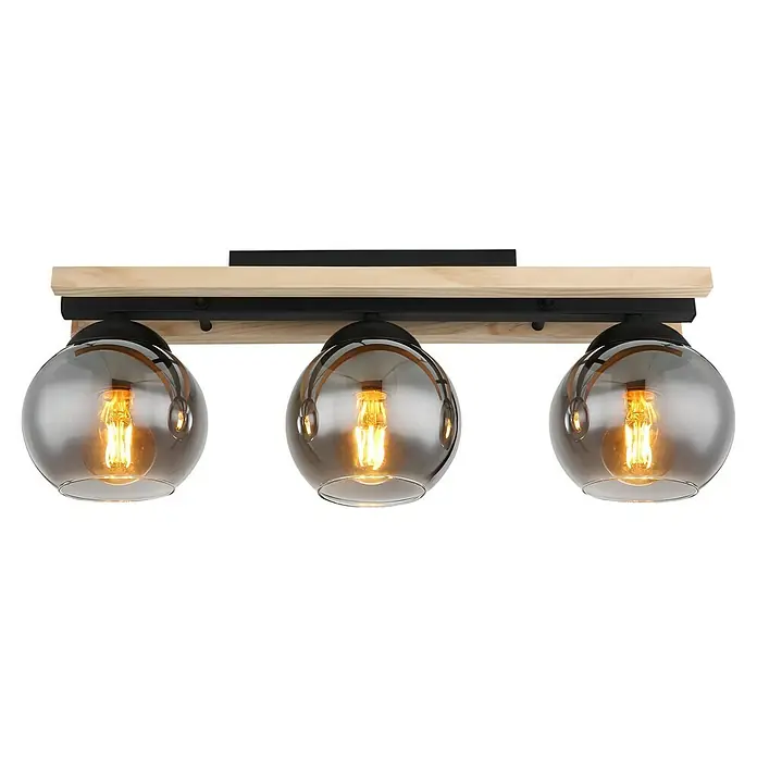 Globo Pendelleuchte CONNI - 25 W, Schwarz-matt, E27, L x B x H: 85 x 15 x 20,5 cm - Eine moderne Deckenleuchte mit drei rauchfarbenen Glaskugeln und einem hellen Holzsockel.