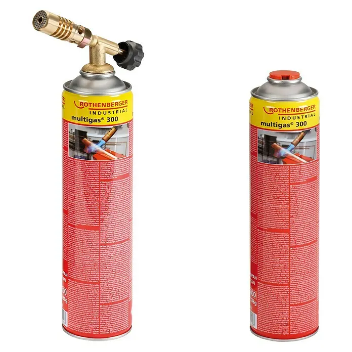 Rothenberger Industrial Lötbrenner HOT PACK 2 - Höchsttemperatur: 1.950 °C - Abbildung von zwei Rothenberger Multigas 300 Kartuschen, eine mit aufgesetztem Brenner, für Löt- und Schweißarbeiten.
