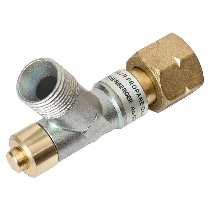 Rothenberger Industrial Propan-Schlauchbruchsicherung - 1,5 bar - Detailaufnahme eines Rothenberger Propan-Reglers, der in Silber- und Goldtönen gehalten ist und für Gasgeräte verwendet wird.
