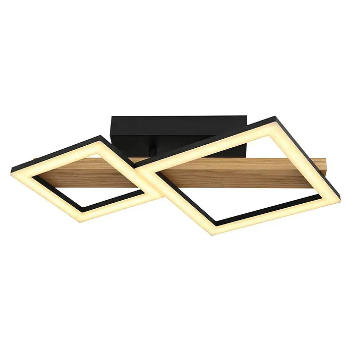 Globo LED-Deckenleuchte DUSTIN - 19 W, L x B x H: 48 x 30 x 10 cm, Schwarz-matt, Warmweiß - Moderne LED-Deckenleuchte mit zwei ineinandergreifenden, quadratischen Rahmen und Holzelement für stilvolle Beleuchtung.