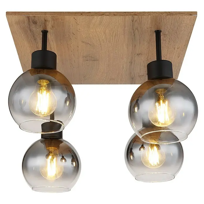 Globo Deckenleuchte MOITAS - 40 W, L x B x H: 40 x 40 x 33,5 cm, Schwarz-matt, E27 - Holz-Deckenleuchte mit vier Glaskugeln. Die Leuchtmittel sind in klaren Glaskugeln platziert und spenden warmes Licht.