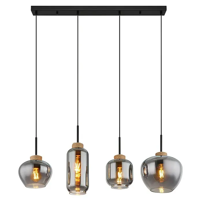 Globo Pendelleuchte MATT - Anzahl Leuchtmittel: 4 Stk., 40 W, L x B x H: 96 x 23 x 120 cm, E27 - Ein modernes Pendelleuchten-Set mit vier unterschiedlich geformten Rauchglas-Schirmen und dekorativen Hanfseilen.