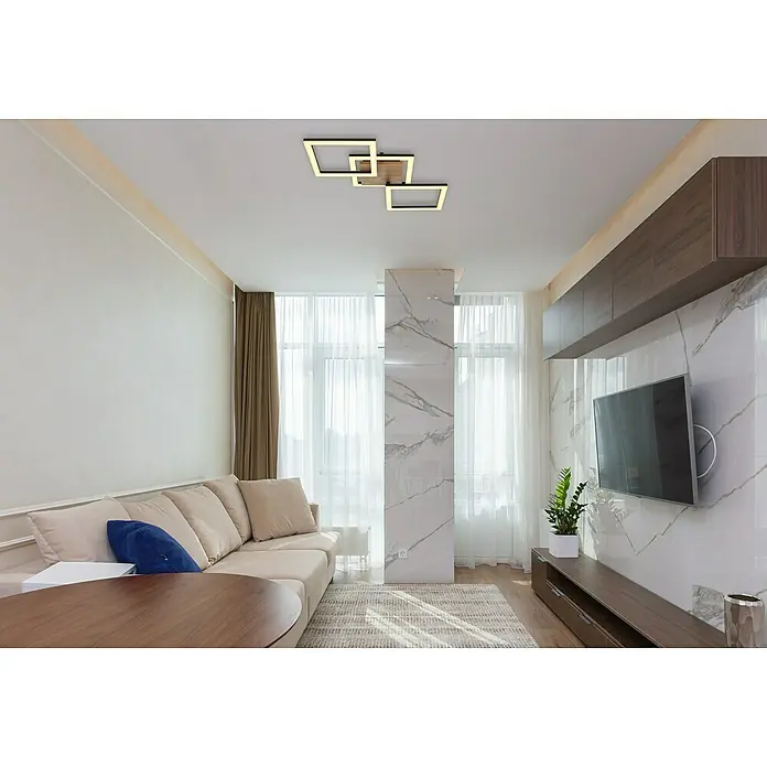 Globo LED-Deckenleuchte KERRY - 30 W, L x B x H: 66 x 31 x 7,5 cm, Schwarz-matt, Warmweiß - Elegantes Wohnzimmer mit modernem Deckenlicht in quadratischer Form, das dem Raum eine besondere Note verleiht.