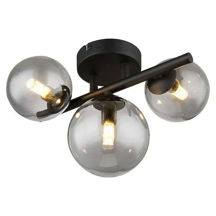 Globo Riha LED-Deckenleuchte RIHA - 3,5 W, L x B x H: 28,5 x 23,5 x 20 cm, Schwarz-matt, Warmweiß - Nahaufnahme einer modernen schwarzen Deckenleuchte mit drei rauchfarbenen Glaskugeln, die warmes Licht ausstrahlen.