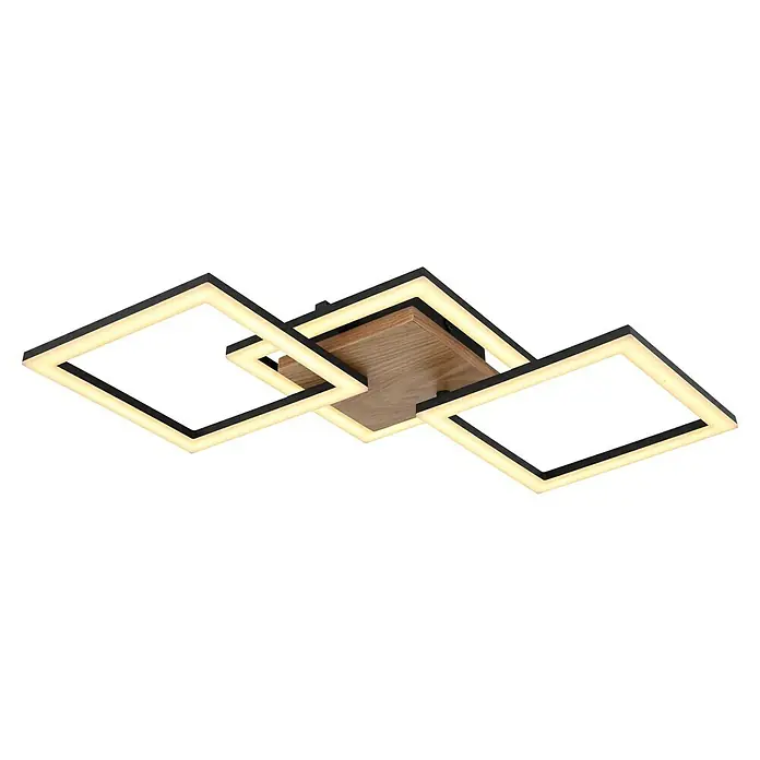 Globo LED-Deckenleuchte KERRY - 30 W, L x B x H: 66 x 31 x 7,5 cm, Schwarz-matt, Warmweiß - Moderne LED-Deckenleuchte mit drei schwarzen Quadraten und einem hölzernen Mittelteil, die ein warmes, einladendes Licht verbreitet.