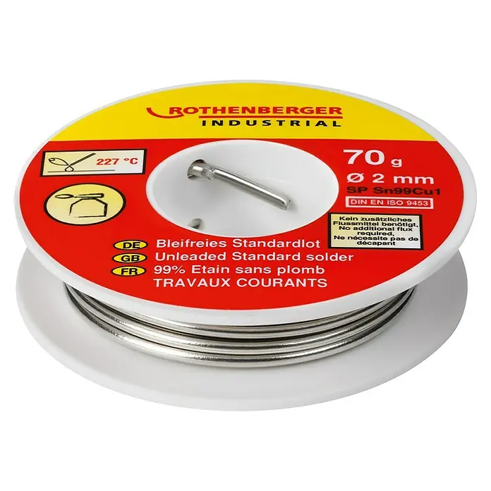 Rothenberger Industrial Standardlot - Durchmesser: 2 mm, 70 g - Eine Rolle bleifreies Standardlot von Rothenberger Industrial mit 70g Gewicht und 2mm Durchmesser.