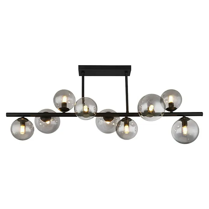 Globo Riha LED-Deckenleuchte RIHA - 3,5 W, L x B x H: 87 x 28 x 37 cm, Schwarz-matt, Warmweiß - Moderne Pendelleuchte mit schwarzem Gestell und neun rauchgrauen Glaskugeln. Elegantes Design für stilvolle Beleuchtung im Raum.